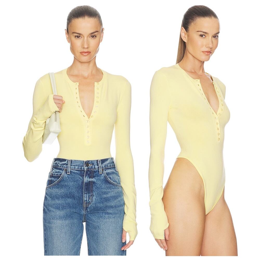 Helsa Bronya Knit Bodysuit Henley Long Sleeve Minimalist Preppy Fall Winter XXS